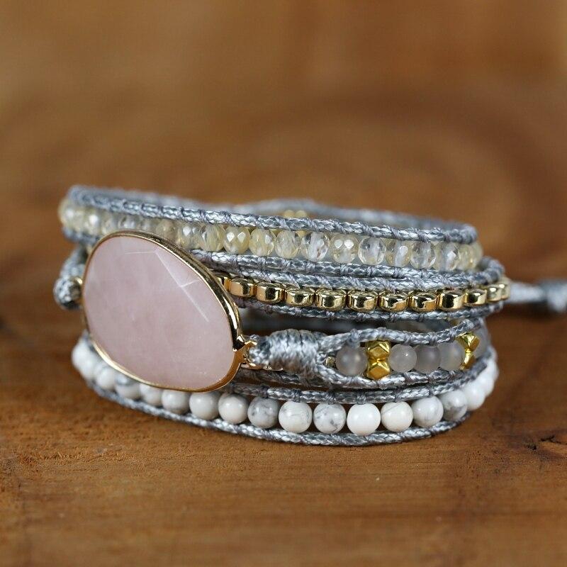 Roze Natuurstenen Kwarts Wikkelarmband